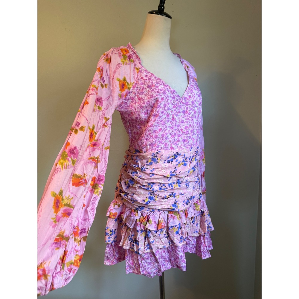 For Love Bell Pink fancy Floral Ruched Mini Dress Long Sleeve Ruffle L dainty y2
